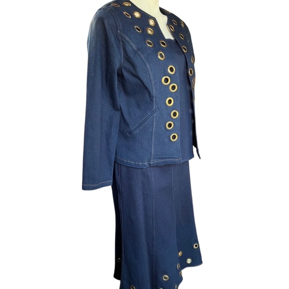 Regalia Womens 3-Piece Denim Suit Set With Grommet Accents Jacket Sleeveless Blo